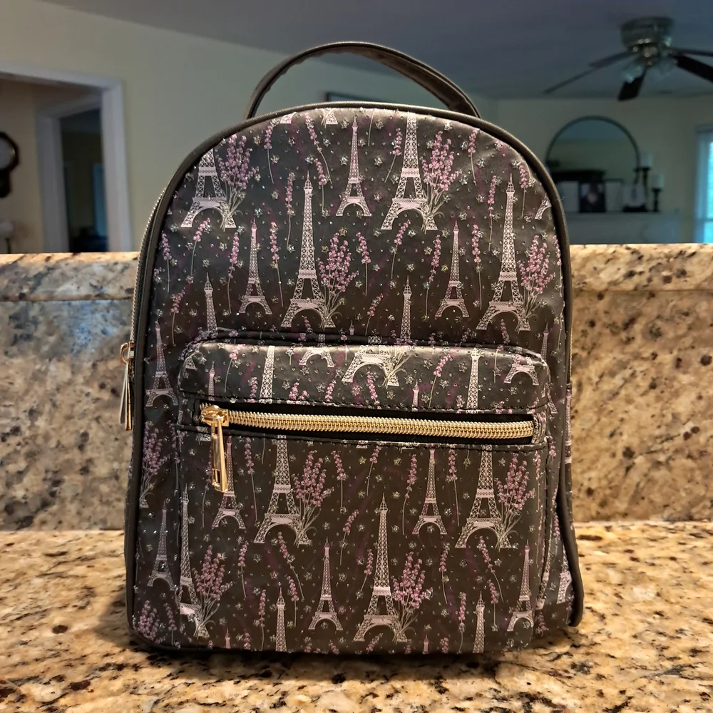 NWOT Paris Black, Purple and Silver Shoulder Backpack with Adjustable Straps‎